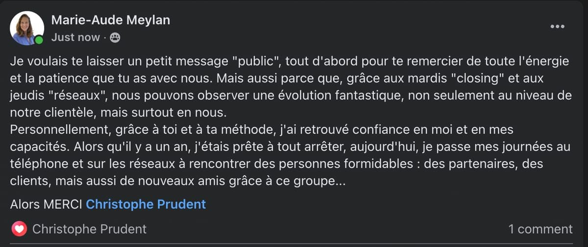 Témoignage Facebook de Marie-Aude Meylan