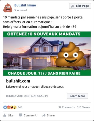 Publicité mensongère qui fait croire que vous pouvez avoir des mandats immobiliers sans pige et sans porte à porte